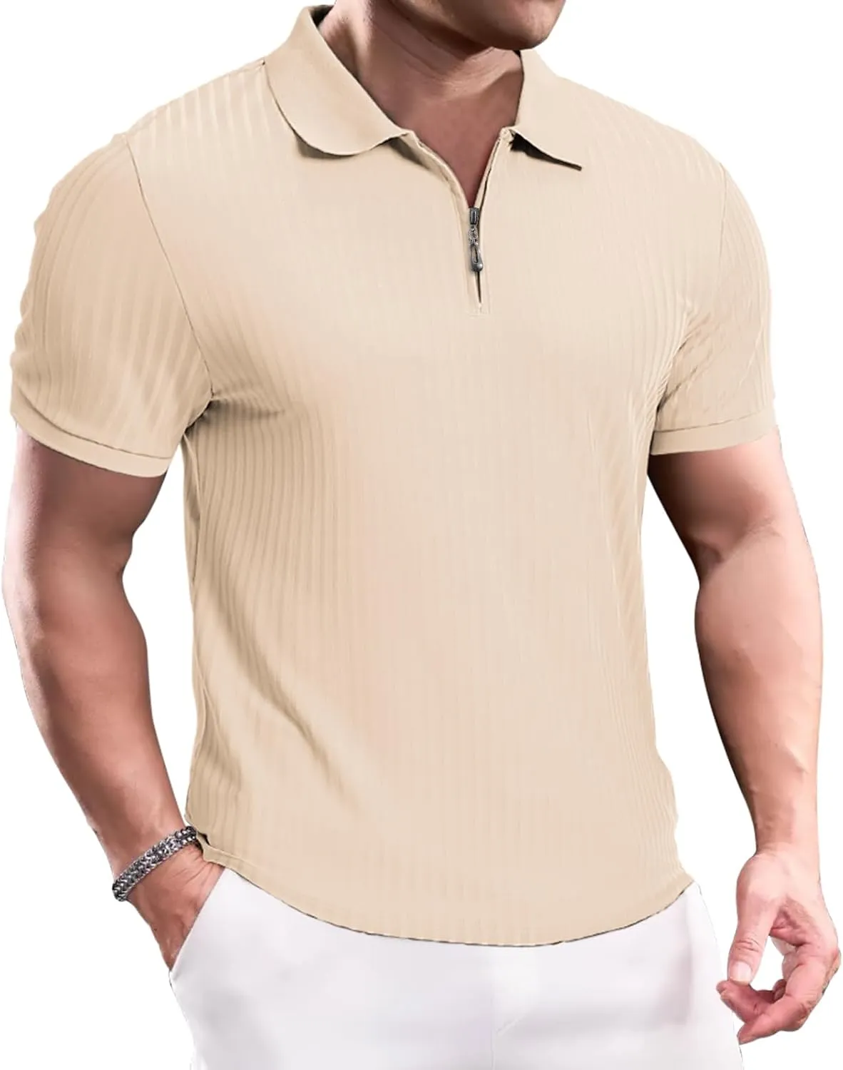 Muscle Polo Shirts for Men Slim Fit Textured Knit Polo Shirts Short Sleeve Mens Collared Shirts Casual Stylish