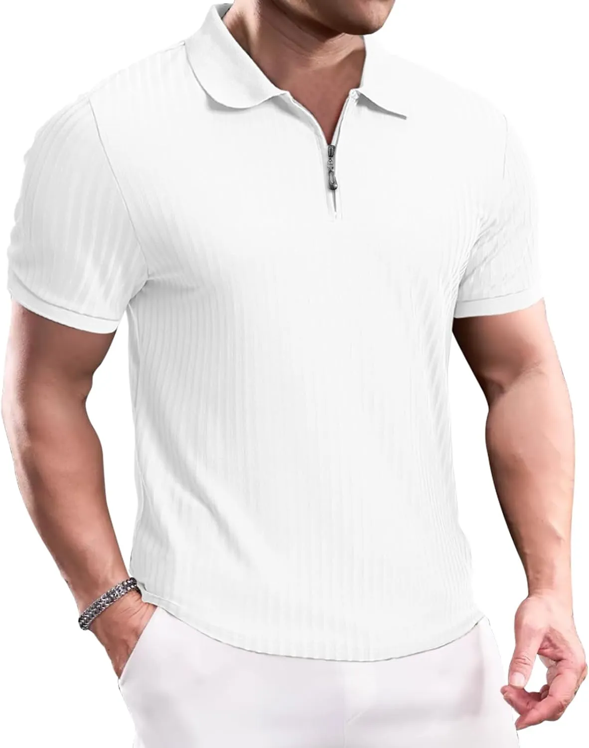 Muscle Polo Shirts for Men Slim Fit Textured Knit Polo Shirts Short Sleeve Mens Collared Shirts Casual Stylish