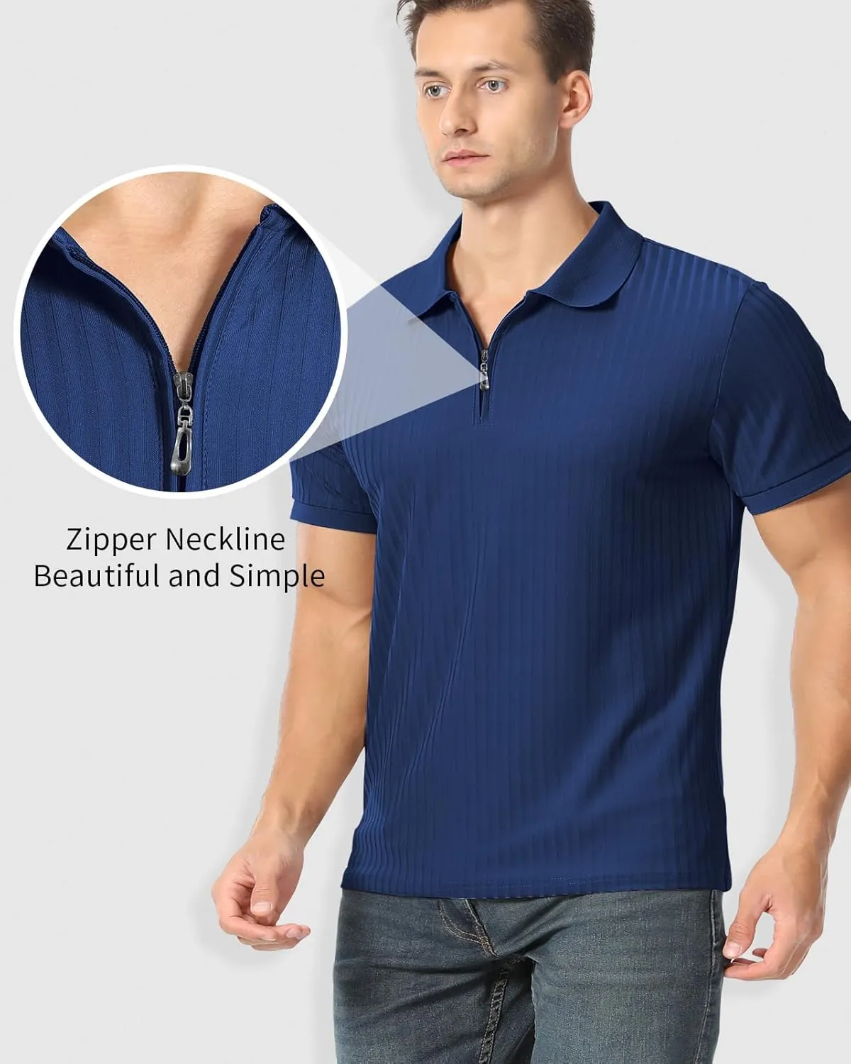 Muscle Polo Shirts for Men Slim Fit Textured Knit Polo Shirts Short Sleeve Mens Collared Shirts Casual Stylish