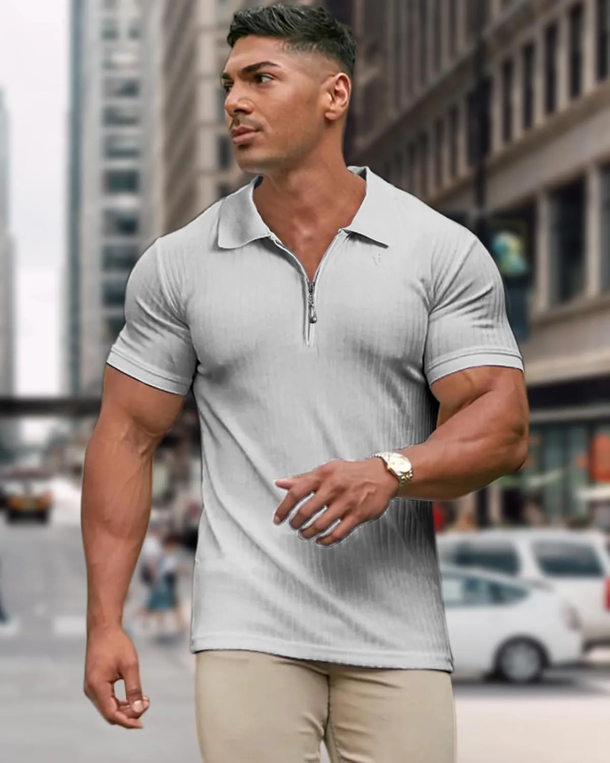Muscle Polo Shirts for Men Slim Fit Textured Knit Polo Shirts Short Sleeve Mens Collared Shirts Casual Stylish