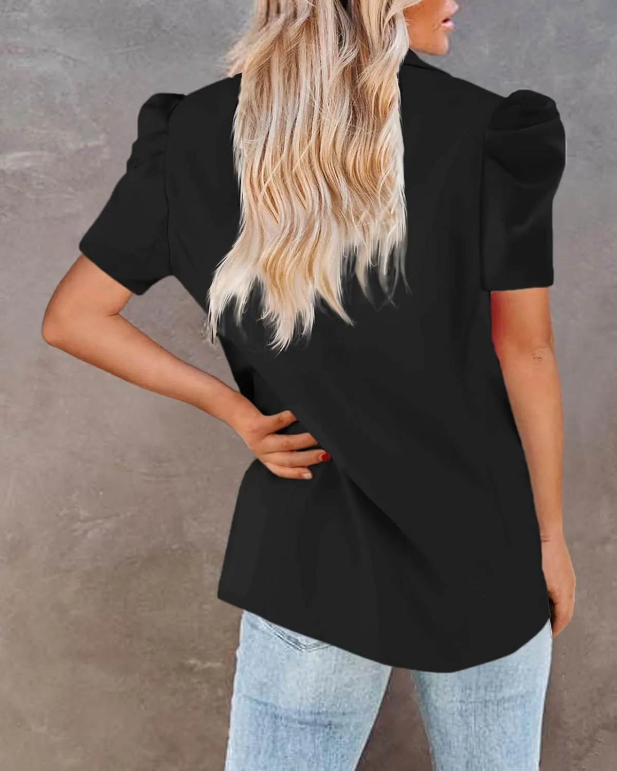 Newffr Womens Summer Blazers Casual Short Puff Sleeve Open Front Office Blazers Bussiness Jackets Work Suit
