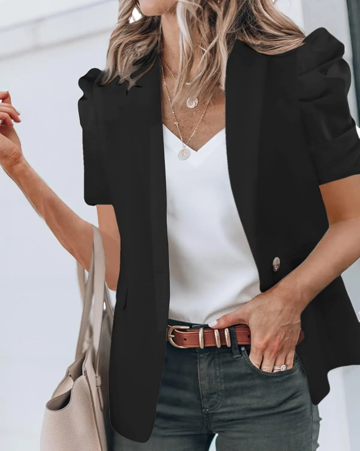 Newffr Womens Summer Blazers Casual Short Puff Sleeve Open Front Office Blazers Bussiness Jackets Work Suit