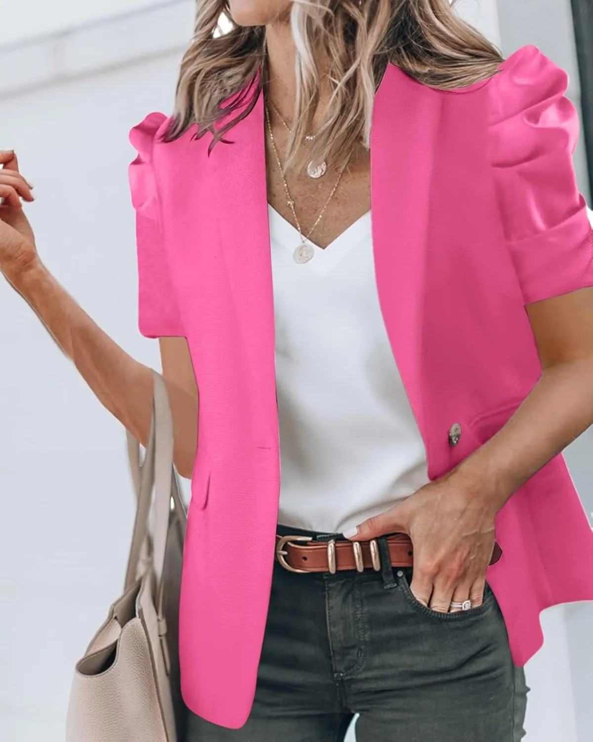 Newffr Womens Summer Blazers Casual Short Puff Sleeve Open Front Office Blazers Bussiness Jackets Work Suit