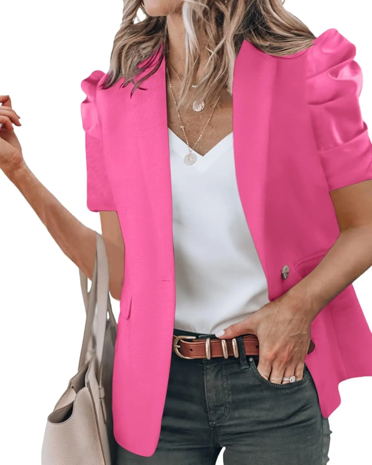Newffr Womens Summer Blazers Casual Short Puff Sleeve Open Front Office Blazers Bussiness Jackets Work Suit