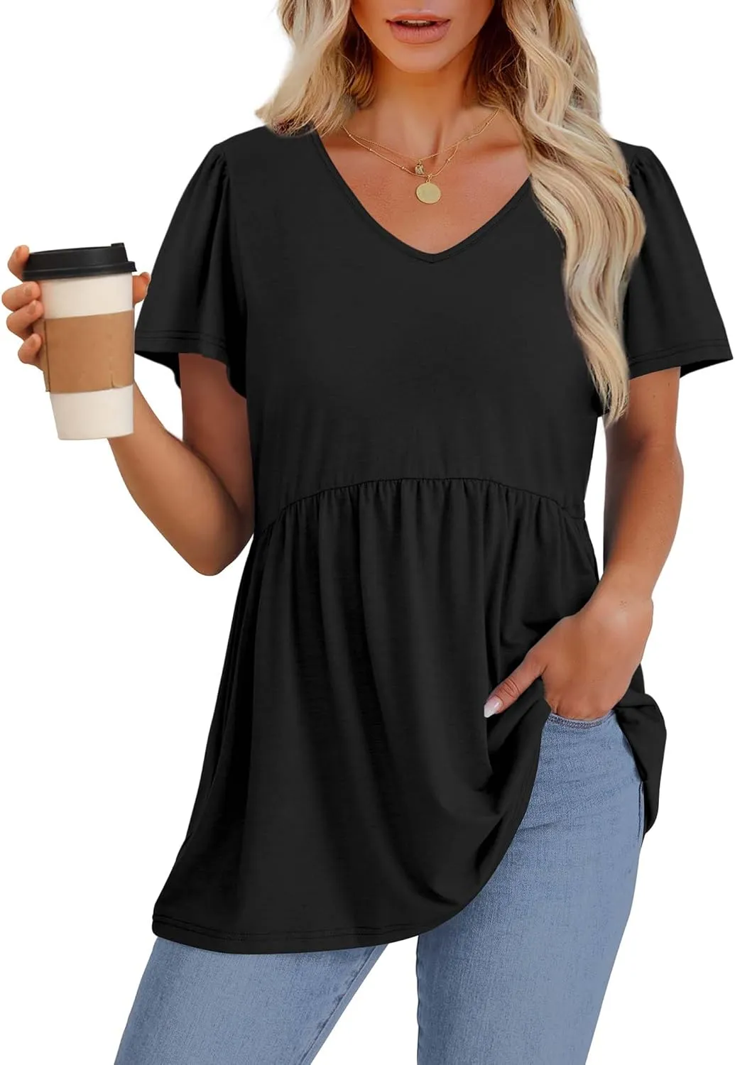OFEEFAN Womens Summer Tops Babydoll Short Sleeve Shirts Puff Sleeve Peplum Tops V Neck T Shirts