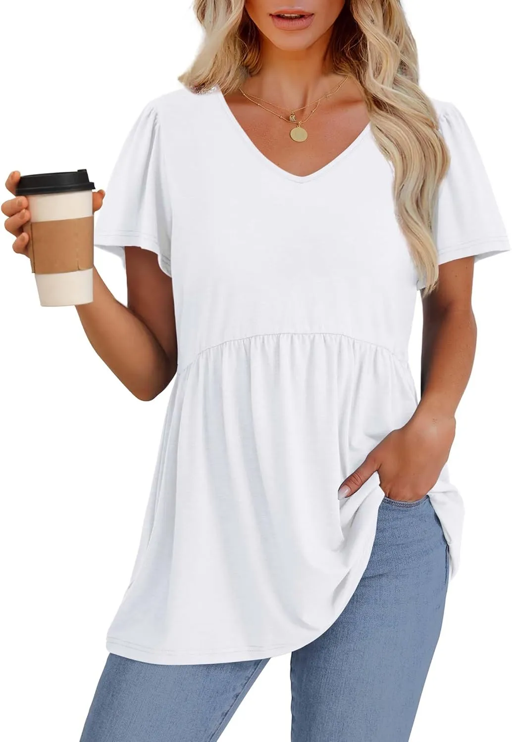 OFEEFAN Womens Summer Tops Babydoll Short Sleeve Shirts Puff Sleeve Peplum Tops V Neck T Shirts