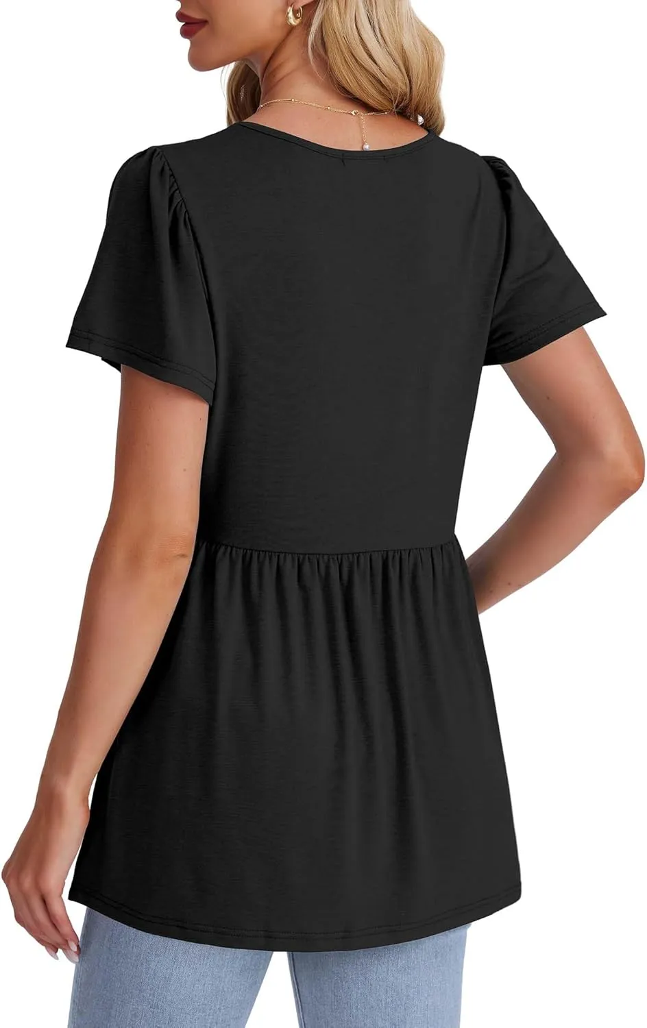 OFEEFAN Womens Summer Tops Babydoll Short Sleeve Shirts Puff Sleeve Peplum Tops V Neck T Shirts