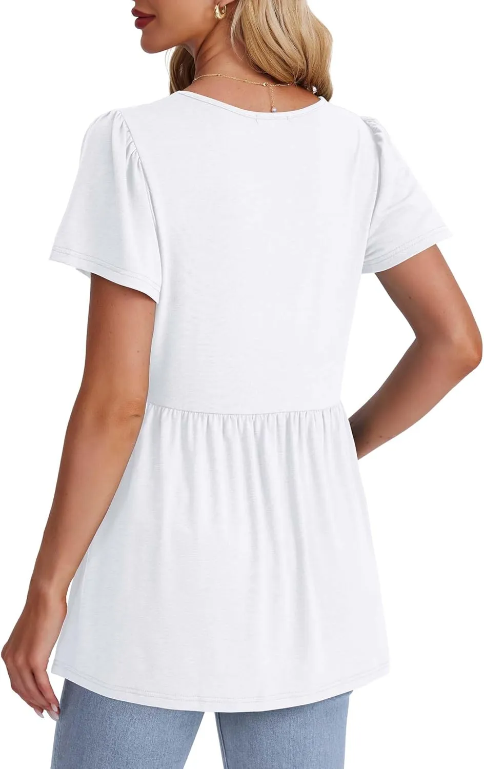 OFEEFAN Womens Summer Tops Babydoll Short Sleeve Shirts Puff Sleeve Peplum Tops V Neck T Shirts