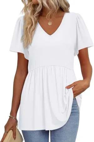 OFEEFAN Womens Summer Tops Babydoll Short Sleeve Shirts Puff Sleeve Peplum Tops V Neck T Shirts