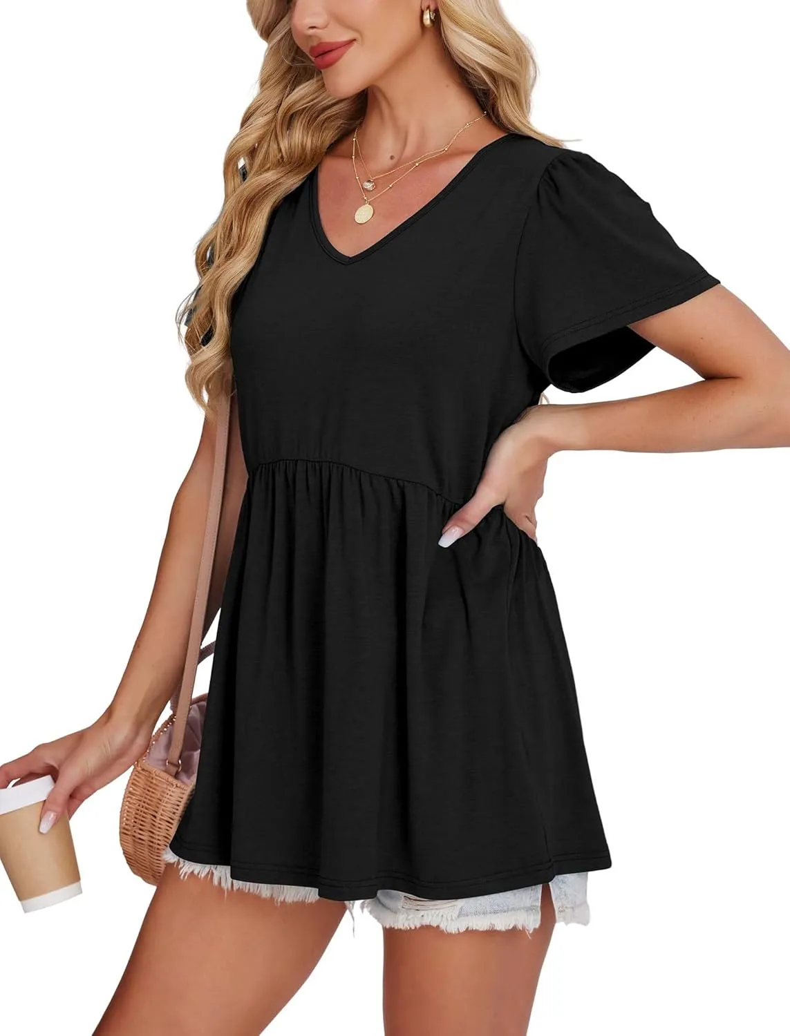 OFEEFAN Womens Summer Tops Babydoll Short Sleeve Shirts Puff Sleeve Peplum Tops V Neck T Shirts
