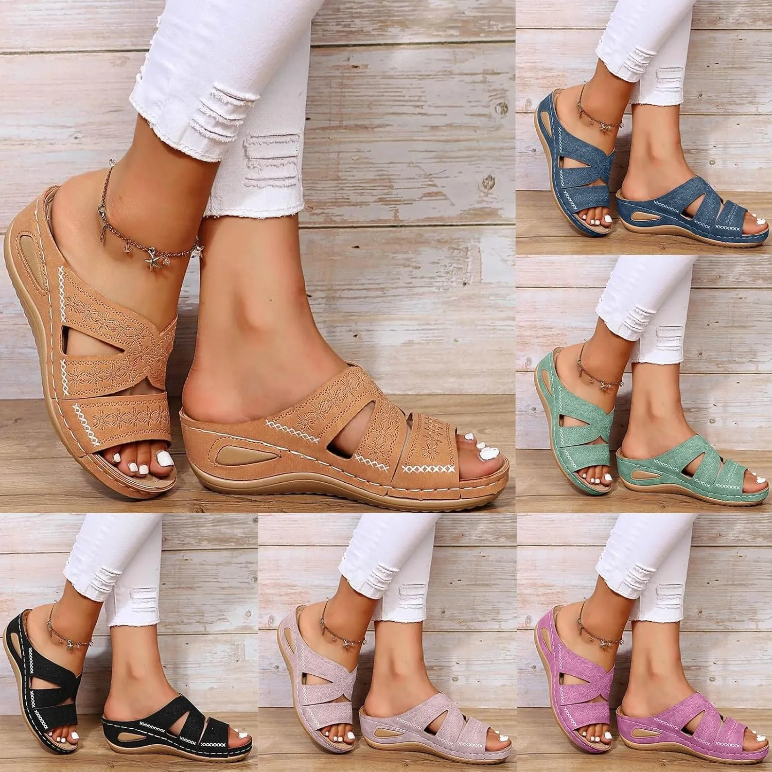 Orthopedic Wedge Sandals for Women Dressy Summer 2025 Comfortable Open Toe Platform Sandals Flat Hollow Out Casual Boho Slip on Beach Sandals Dress Outdoor Shoes Sandalias OrtopDicas Para Mujer
