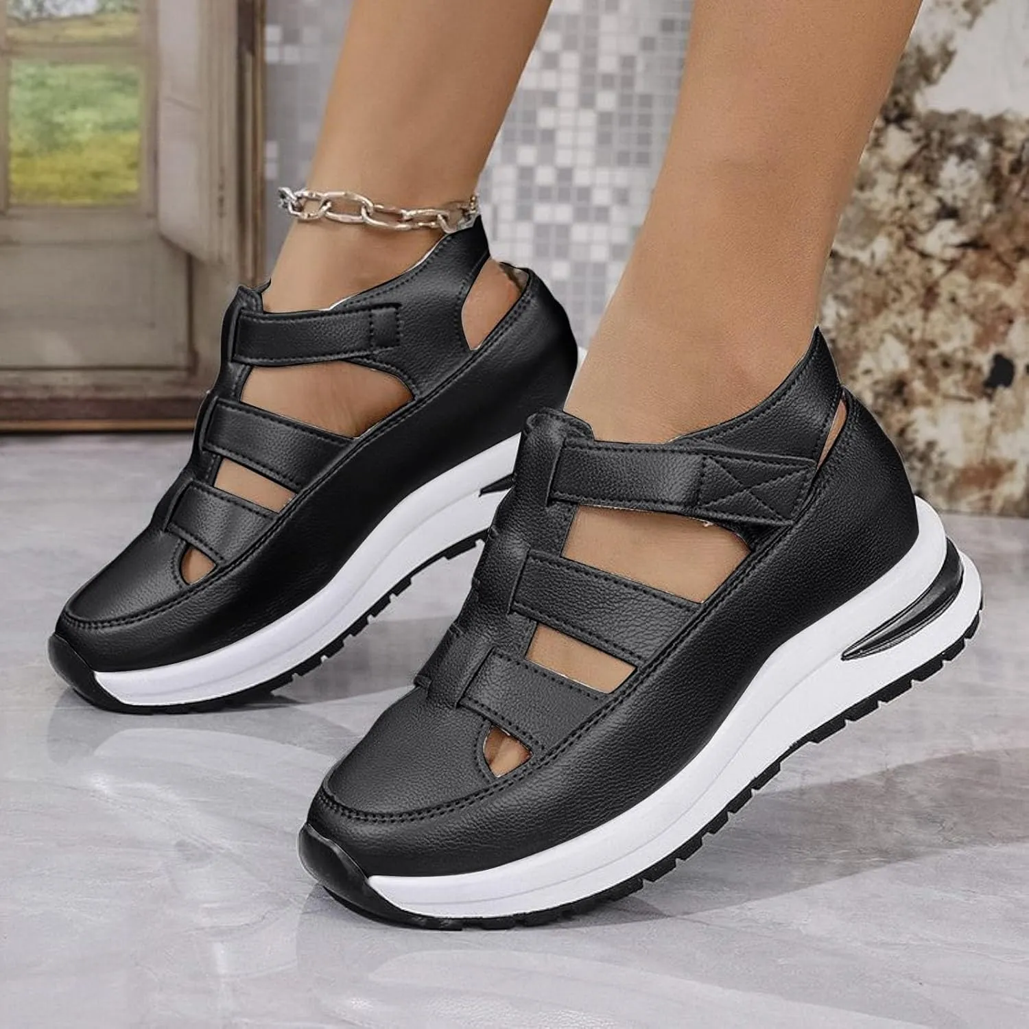 Orthopedic Wedge Sandals for Women Summer Dressy Closed Toe Ankle Strap Platform Sneakers Cutout Low Wedges Slip on Sandals Comfortable Outdoor Shoes 