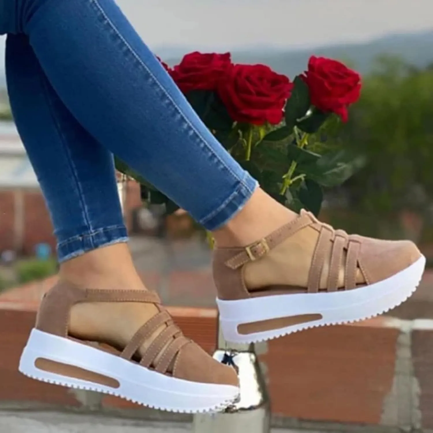 Orthopedic Wedge Sandals for Women Summer Dressy Closed Toe Ankle Strap Platform Sneakers Cutout Low Wedges Slip on Sandals Comfortable Outdoor Shoes 