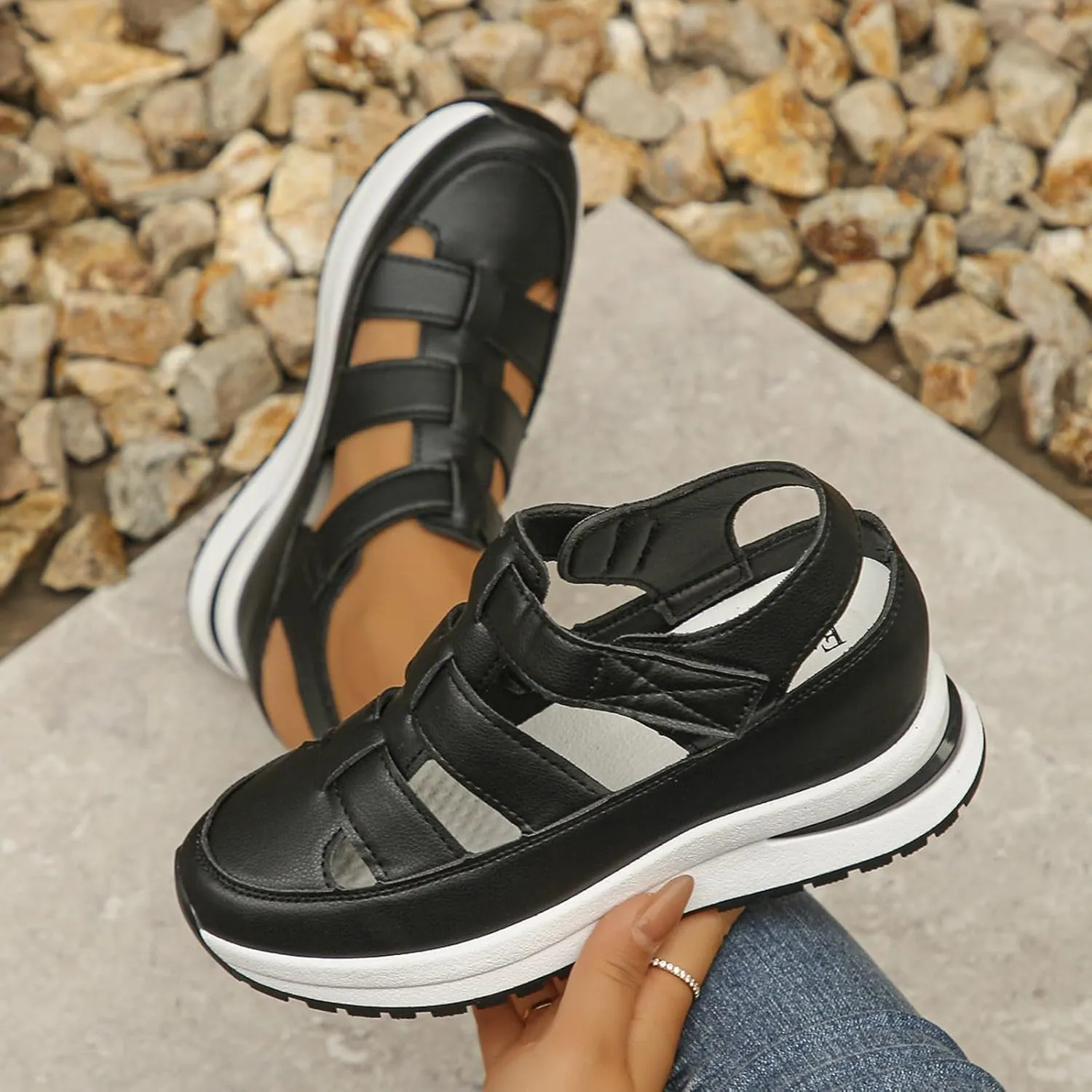 Orthopedic Wedge Sandals for Women Summer Dressy Closed Toe Ankle Strap Platform Sneakers Cutout Low Wedges Slip on Sandals Comfortable Outdoor Shoes 