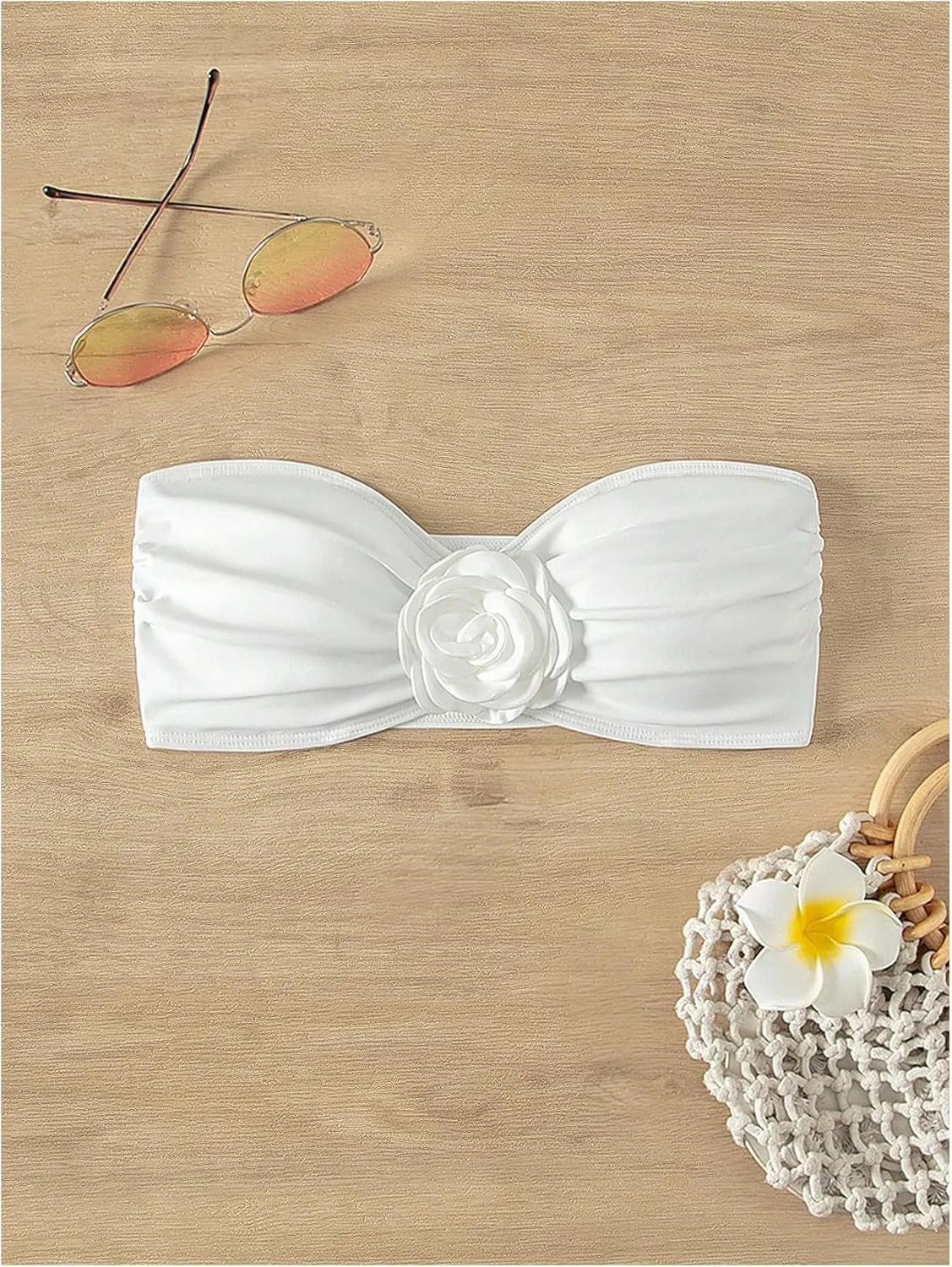 OYOANGLE Women's Floral Appliques Bikini Bandeau Tops Strapless Ruched Tube Top Swimwear