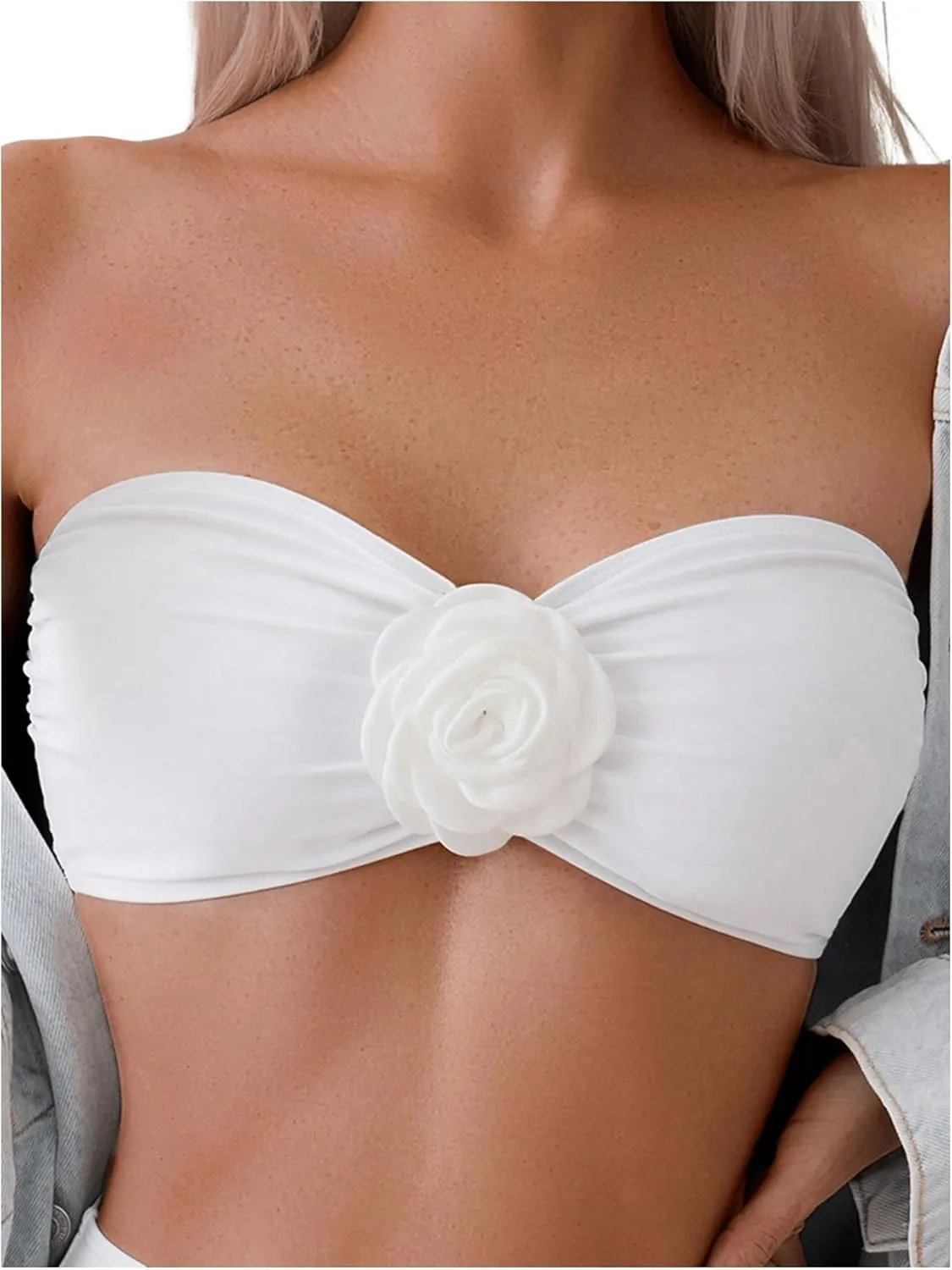 OYOANGLE Women's Floral Appliques Bikini Bandeau Tops Strapless Ruched Tube Top Swimwear