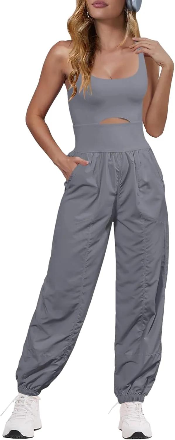 Panadila Womens Workout Onesie Athletic Romper One Piece Jumpsuits Backless Tops Hiking Pants with Pockets
