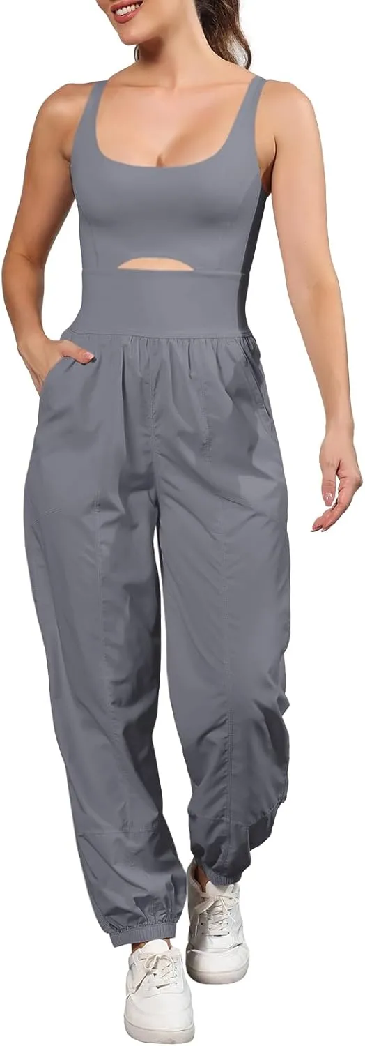 Panadila Womens Workout Onesie Athletic Romper One Piece Jumpsuits Backless Tops Hiking Pants with Pockets