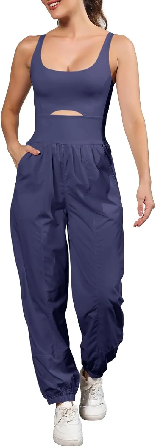 Panadila Womens Workout Onesie Athletic Romper One Piece Jumpsuits Backless Tops Hiking Pants with Pockets