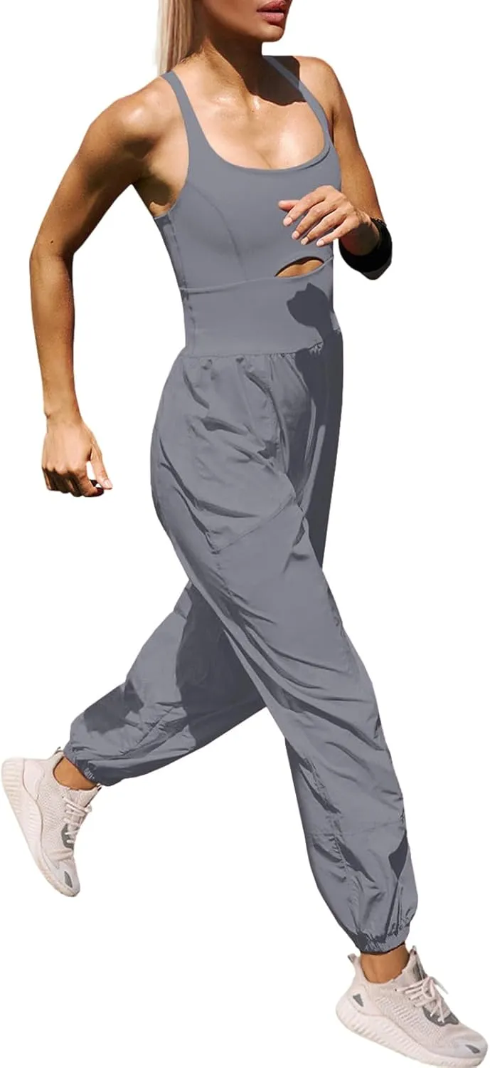 Panadila Womens Workout Onesie Athletic Romper One Piece Jumpsuits Backless Tops Hiking Pants with Pockets
