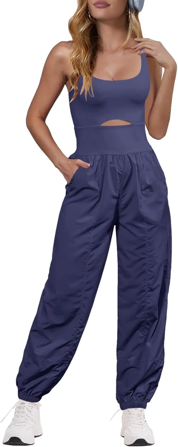 Panadila Womens Workout Onesie Athletic Romper One Piece Jumpsuits Backless Tops Hiking Pants with Pockets