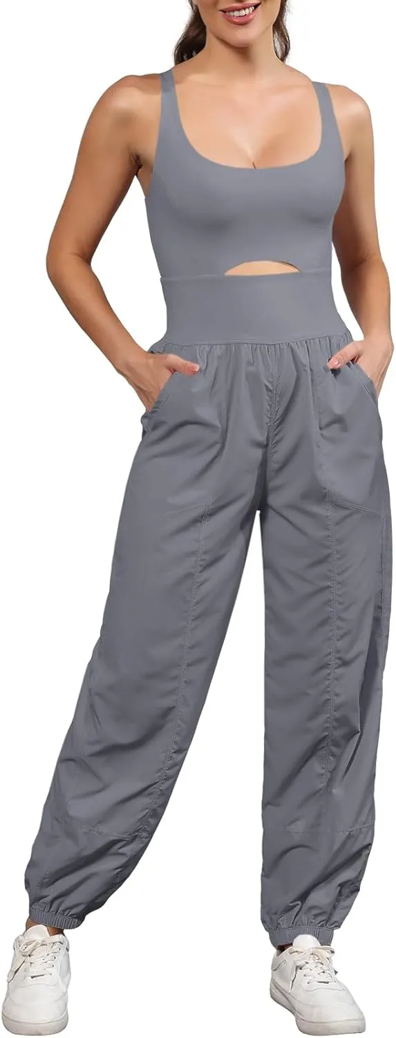 Panadila Womens Workout Onesie Athletic Romper One Piece Jumpsuits Backless Tops Hiking Pants with Pockets