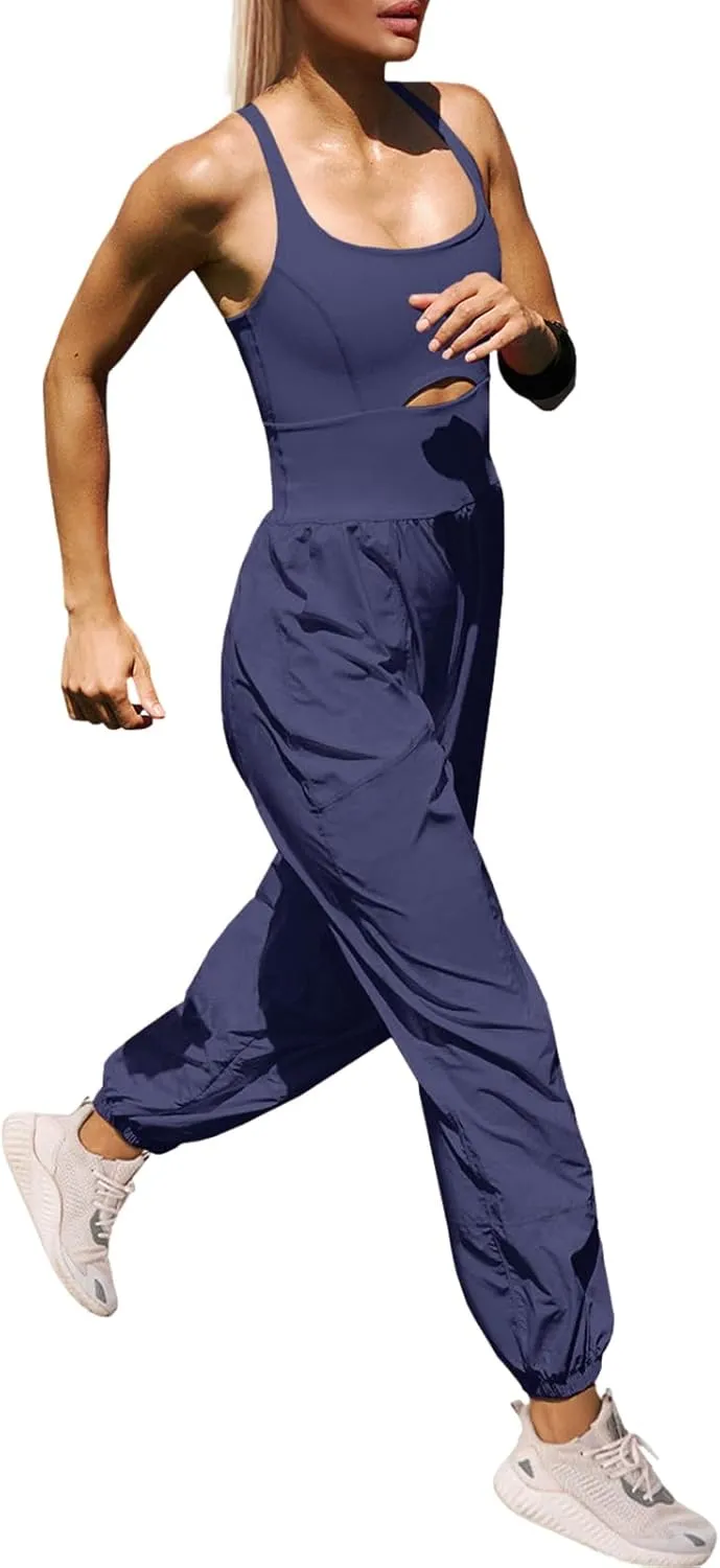 Panadila Womens Workout Onesie Athletic Romper One Piece Jumpsuits Backless Tops Hiking Pants with Pockets