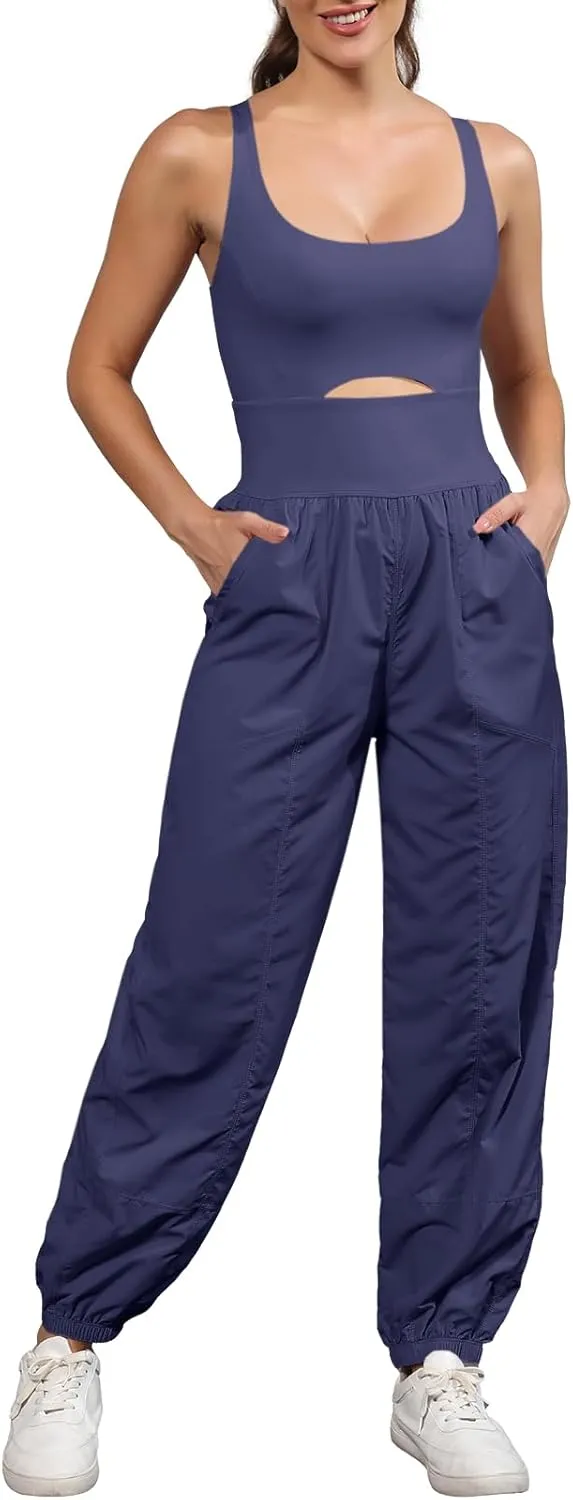 Panadila Womens Workout Onesie Athletic Romper One Piece Jumpsuits Backless Tops Hiking Pants with Pockets