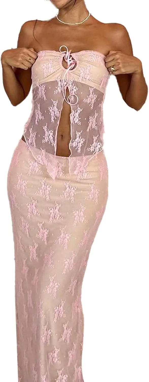 Passec Vintage Lace Maxi Skirt Set Women 2 Piece Outfit Strapless Split Tube Top and Maxi Skirt Set Going Out