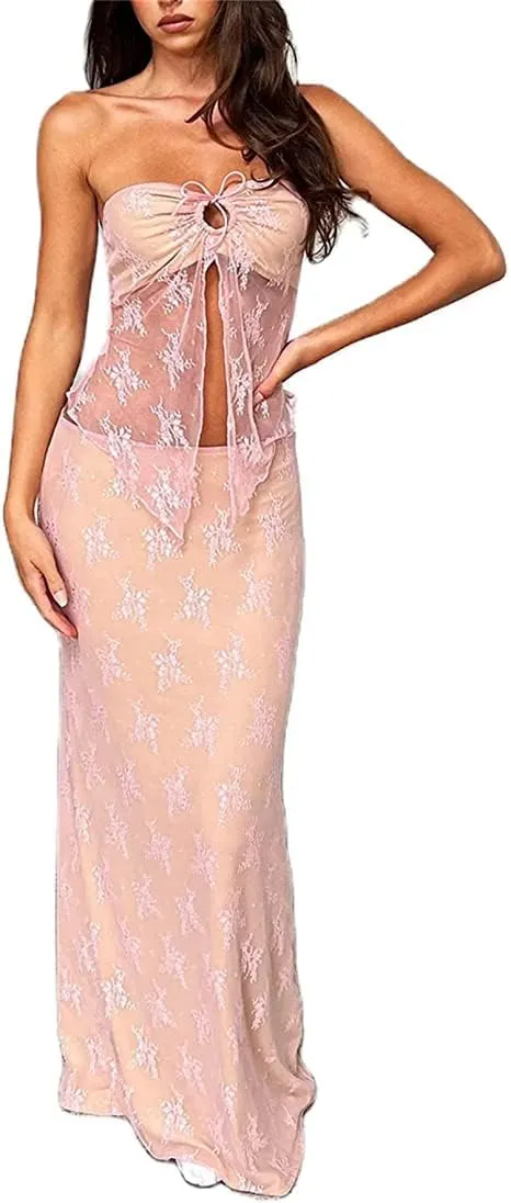 Passec Vintage Lace Maxi Skirt Set Women 2 Piece Outfit Strapless Split Tube Top and Maxi Skirt Set Going Out