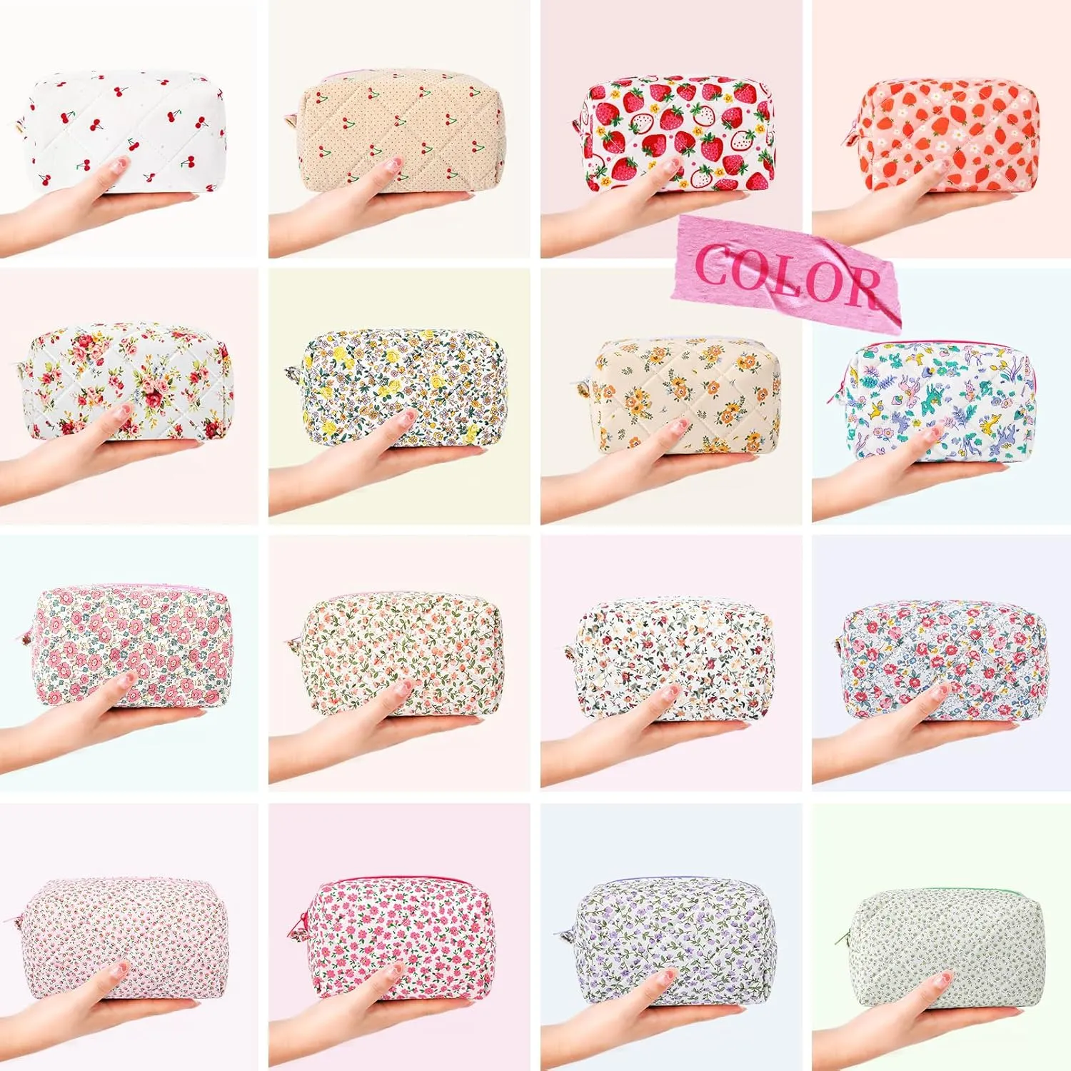 Pink Makeup Bag Quilted Cosmetic Bag Puffy Coquette Makeup pouch Aesthetic Strawberry Cute Travel Toiletry Bag Large Organizer cotton Makeup Brushes Storage Bag for Women