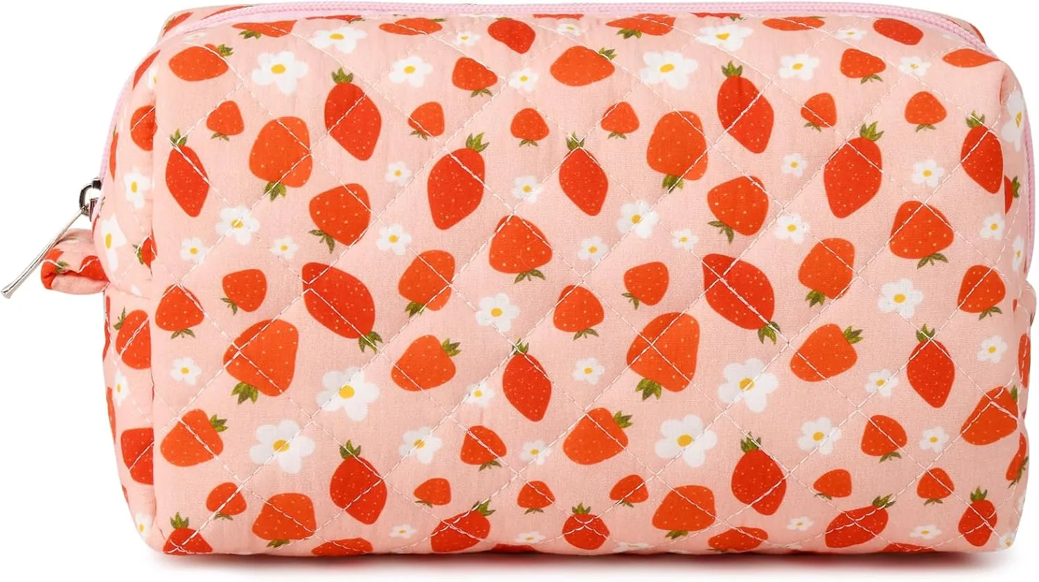 Pink Makeup Bag Quilted Cosmetic Bag Puffy Coquette Makeup pouch Aesthetic Strawberry Cute Travel Toiletry Bag Large Organizer cotton Makeup Brushes Storage Bag for Women