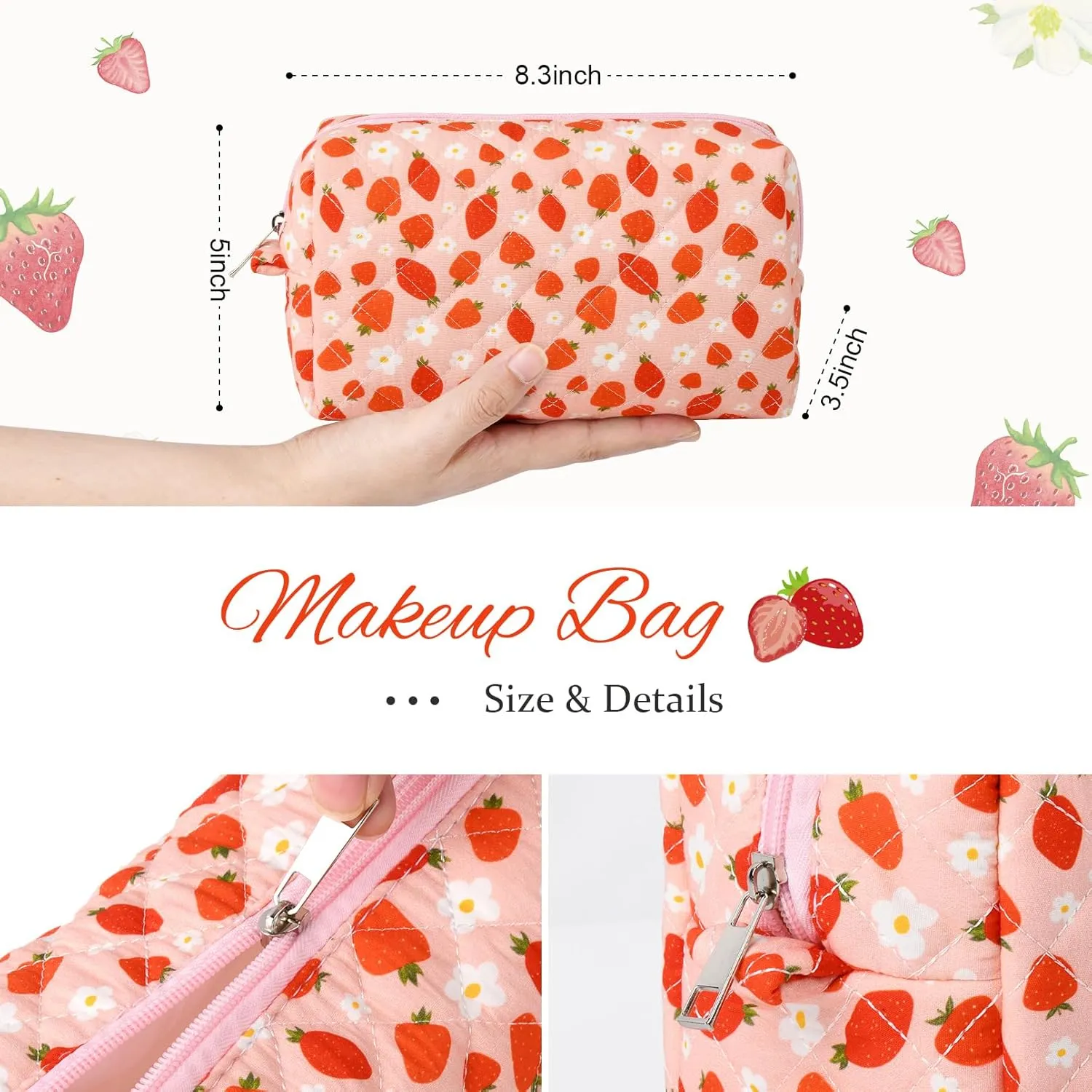 Pink Makeup Bag Quilted Cosmetic Bag Puffy Coquette Makeup pouch Aesthetic Strawberry Cute Travel Toiletry Bag Large Organizer cotton Makeup Brushes Storage Bag for Women