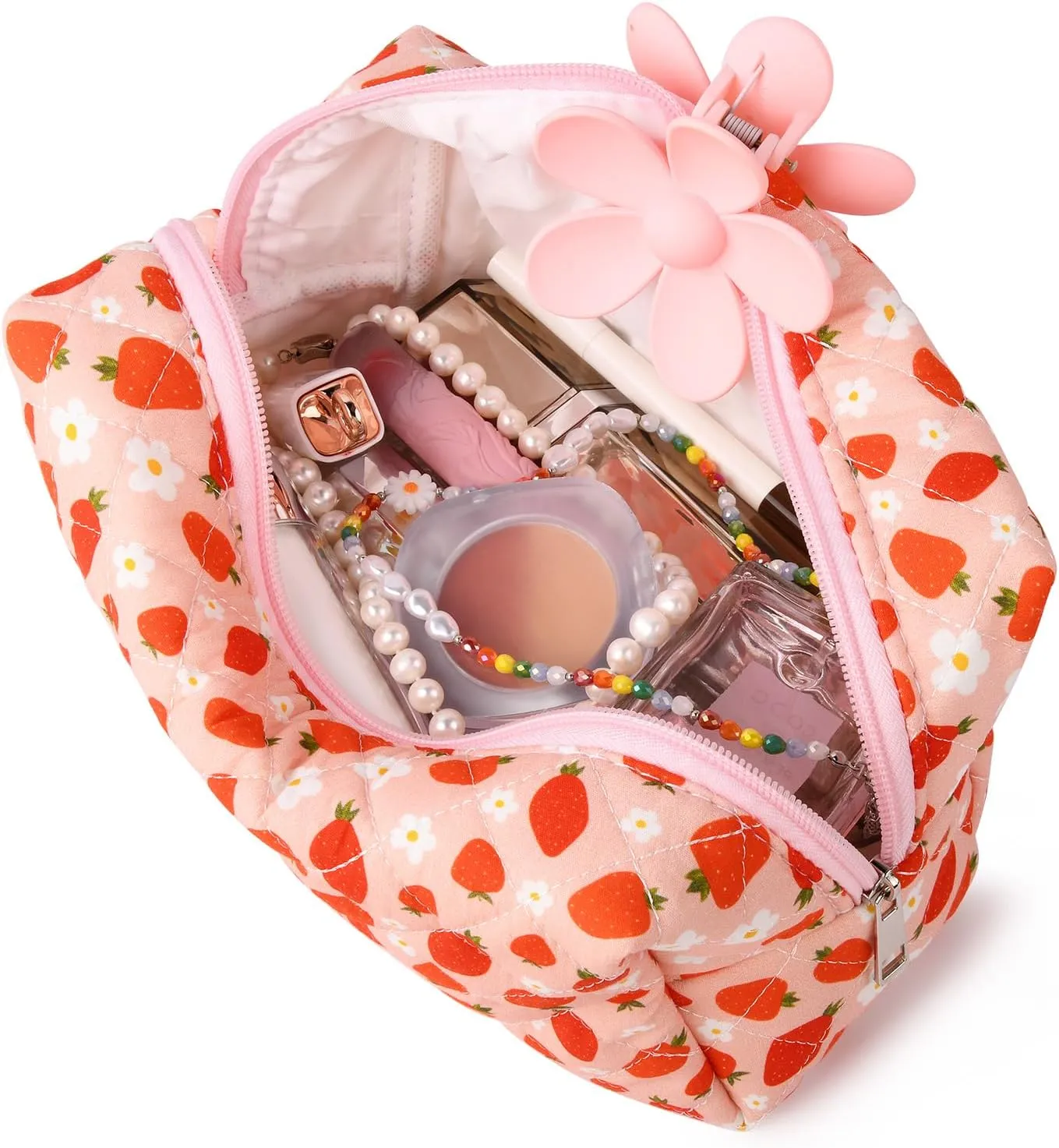 Pink Makeup Bag Quilted Cosmetic Bag Puffy Coquette Makeup pouch Aesthetic Strawberry Cute Travel Toiletry Bag Large Organizer cotton Makeup Brushes Storage Bag for Women