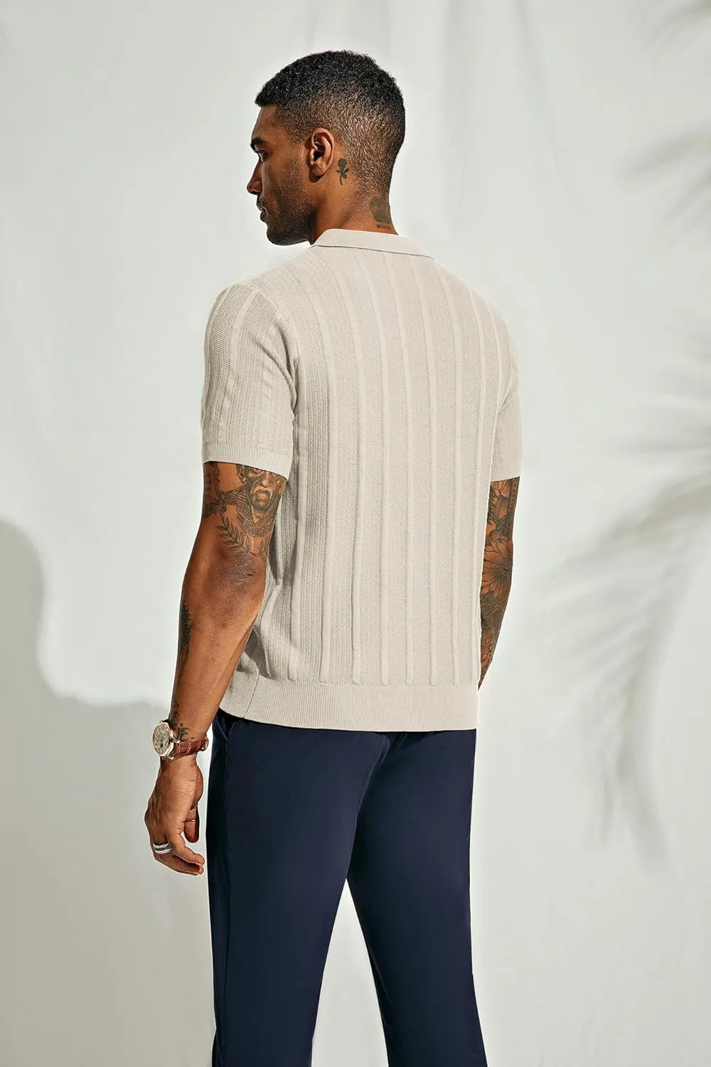 PJ PAUL JONES Mens Polo Shirts Textured Knit V-Neck Summer Shirts