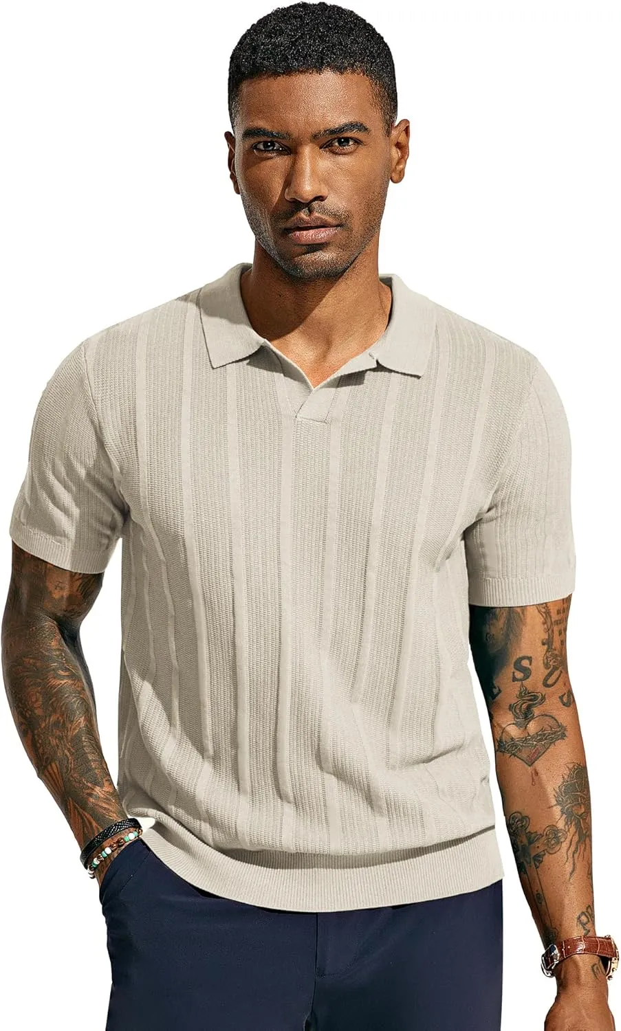 PJ PAUL JONES Mens Polo Shirts Textured Knit V-Neck Summer Shirts
