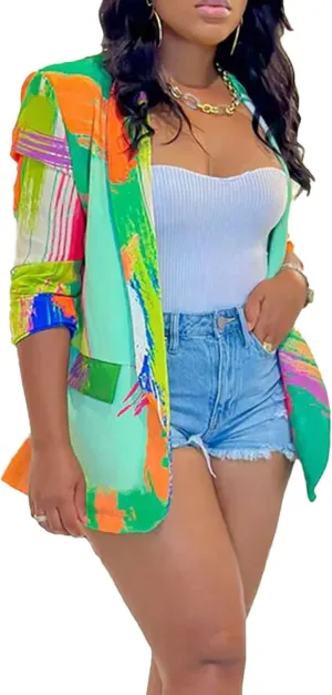 Plus Size Blazers for Curvy Women Sexy Trendy Colorful Oversize Graphic Open Front Jackets