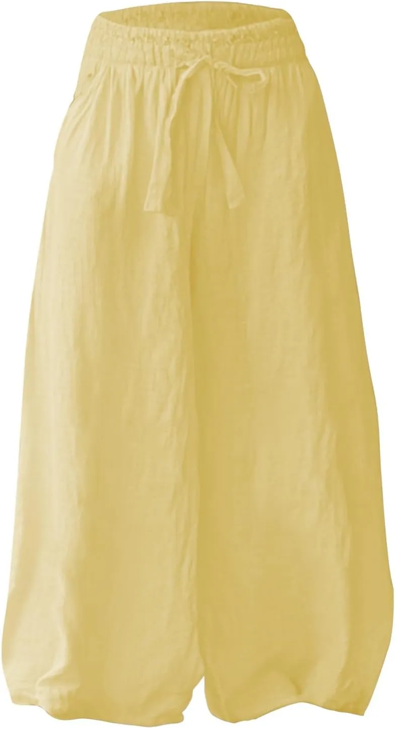 Premium Cotton Linen Pants Elastic Drawstring Waist Cropped Hem Casual Loose Fit Summer Beach Trousers