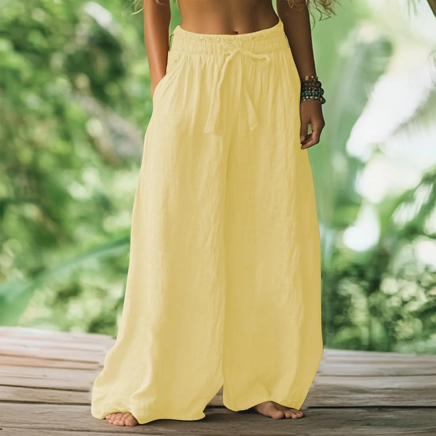 Premium Cotton Linen Pants Elastic Drawstring Waist Cropped Hem Casual Loose Fit Summer Beach Trousers