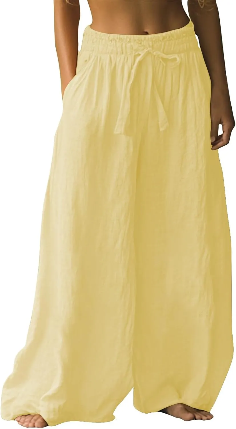 Premium Cotton Linen Pants Elastic Drawstring Waist Cropped Hem Casual Loose Fit Summer Beach Trousers