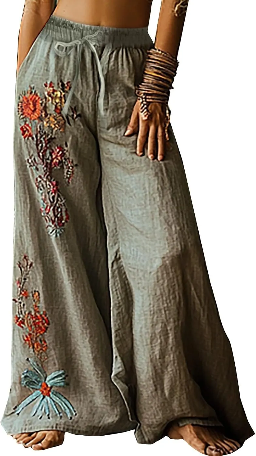 Premium Cotton Linen Pants Elastic Drawstring Waist Cropped Hem Casual Loose Fit Summer Beach Trousers