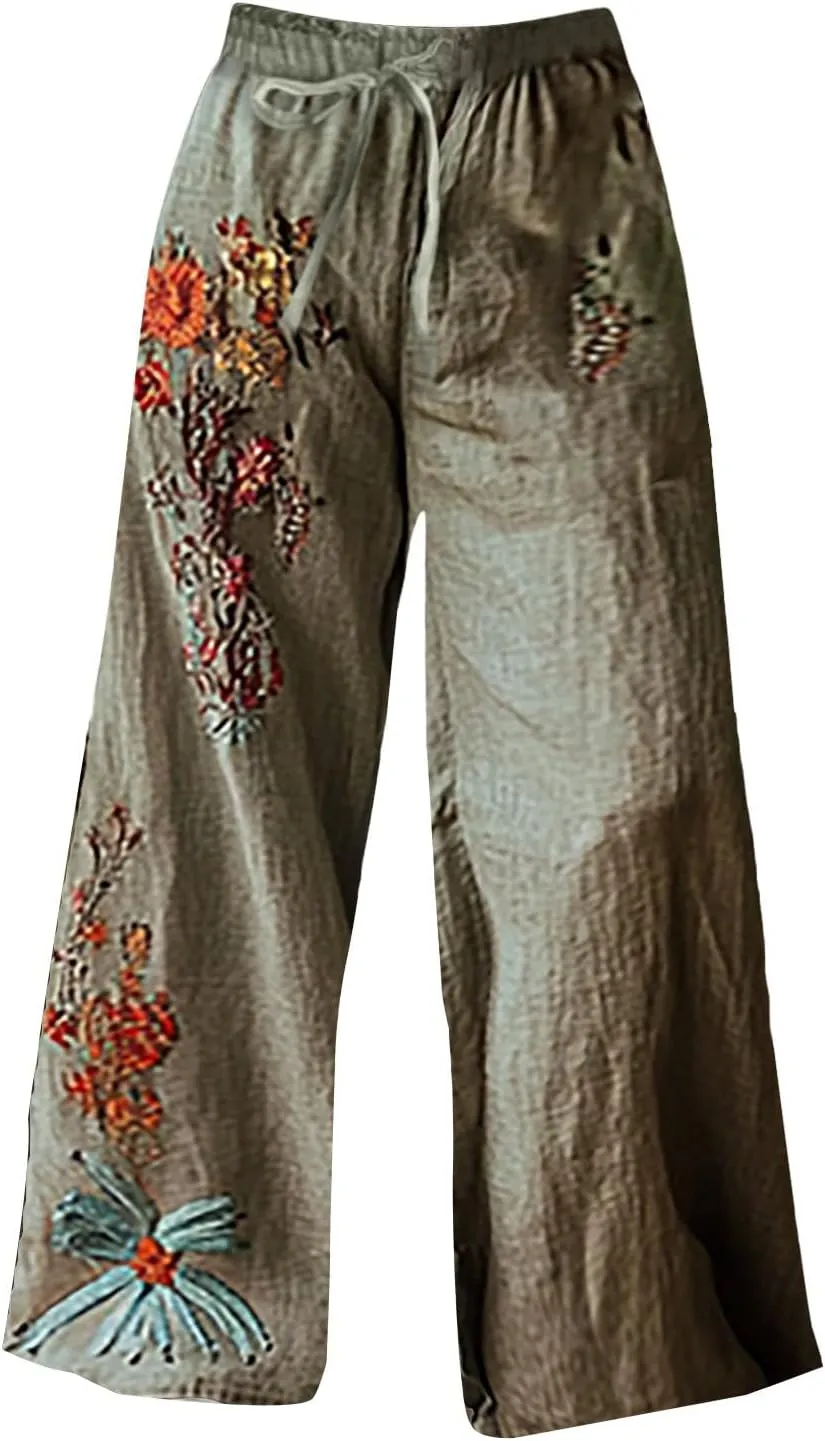 Premium Cotton Linen Pants Elastic Drawstring Waist Cropped Hem Casual Loose Fit Summer Beach Trousers