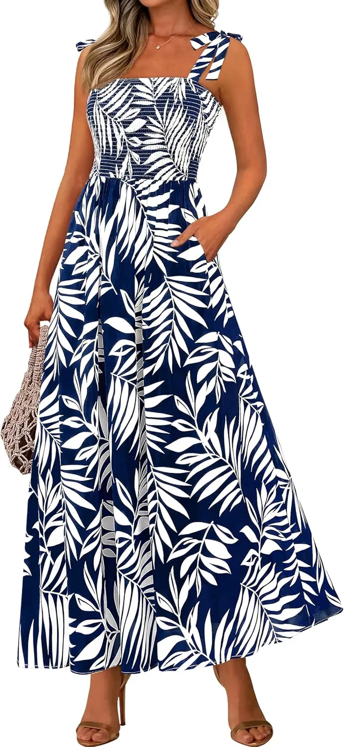 PRETTYGARDEN Womens Summer Dresses Floral Sleeveless Smocked Maxi Dress Boho Spaghetti Strap A Line Flowy Beach Long Sundress