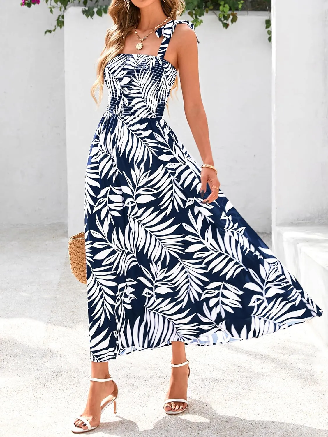 PRETTYGARDEN Womens Summer Dresses Floral Sleeveless Smocked Maxi Dress Boho Spaghetti Strap A Line Flowy Beach Long Sundress