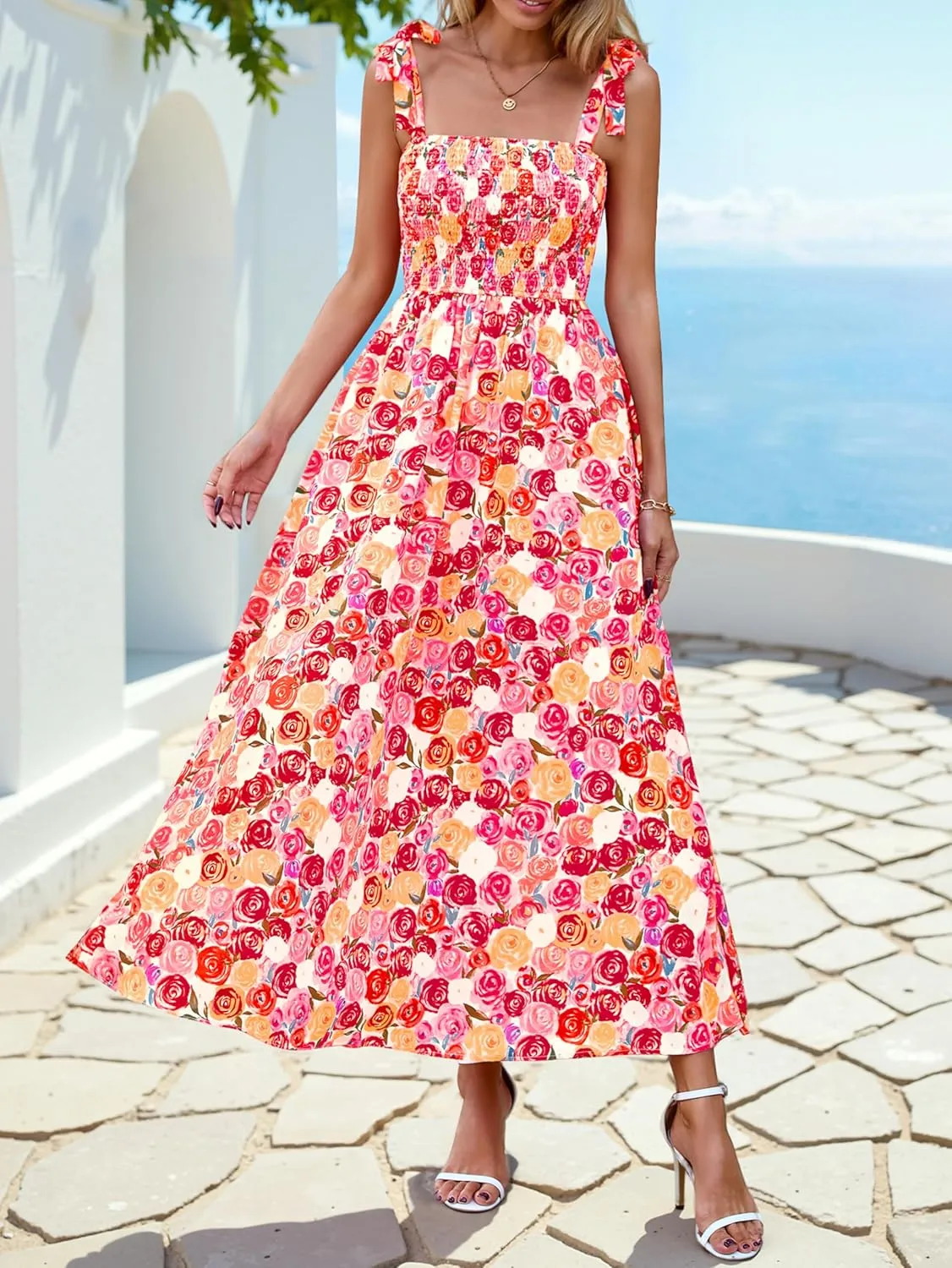 PRETTYGARDEN Womens Summer Dresses Floral Sleeveless Smocked Maxi Dress Boho Spaghetti Strap A Line Flowy Beach Long Sundress