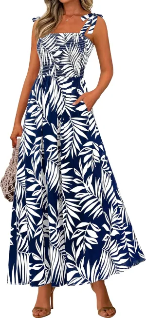 PRETTYGARDEN Womens Summer Dresses Floral Sleeveless Smocked Maxi Dress Boho Spaghetti Strap A Line Flowy Beach Long Sundress