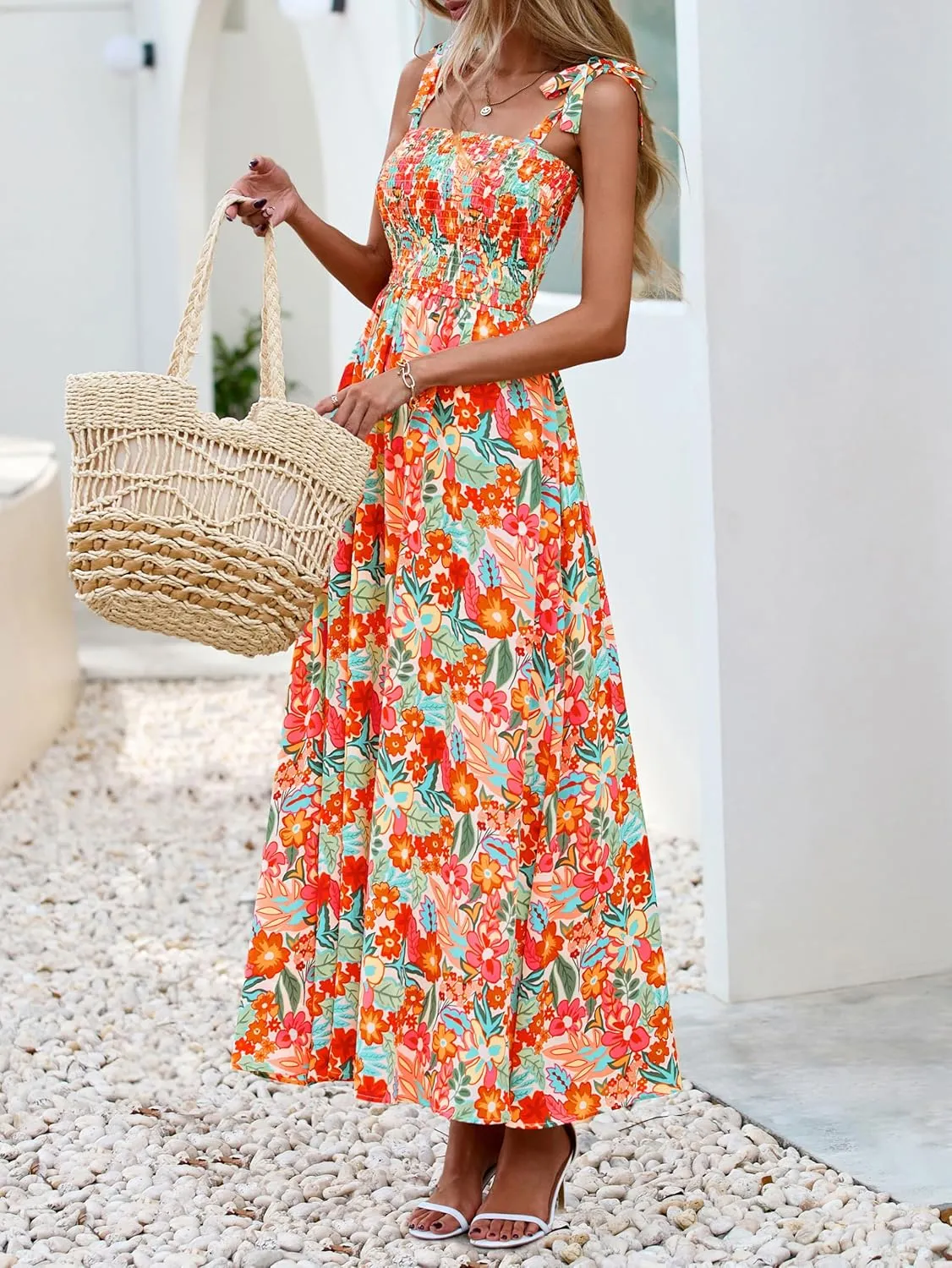 PRETTYGARDEN Womens Summer Dresses Floral Sleeveless Smocked Maxi Dress Boho Spaghetti Strap A Line Flowy Beach Long Sundress