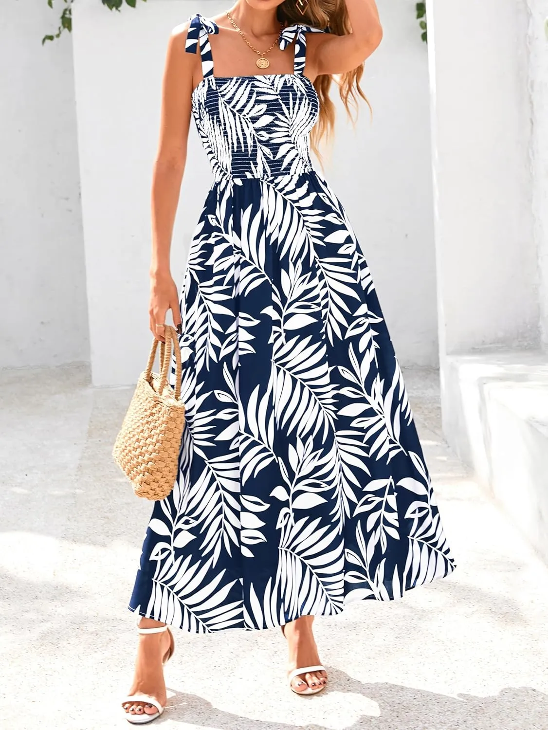 PRETTYGARDEN Womens Summer Dresses Floral Sleeveless Smocked Maxi Dress Boho Spaghetti Strap A Line Flowy Beach Long Sundress