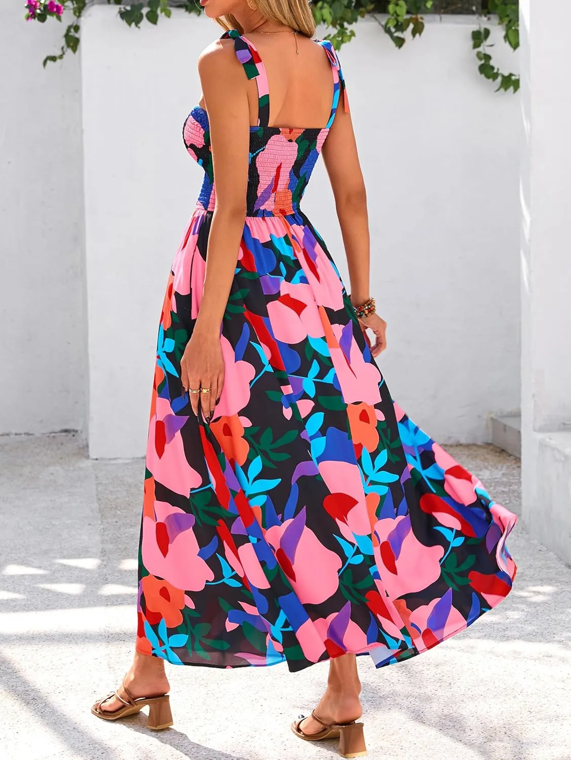 PRETTYGARDEN Womens Summer Dresses Floral Sleeveless Smocked Maxi Dress Boho Spaghetti Strap A Line Flowy Beach Long Sundress