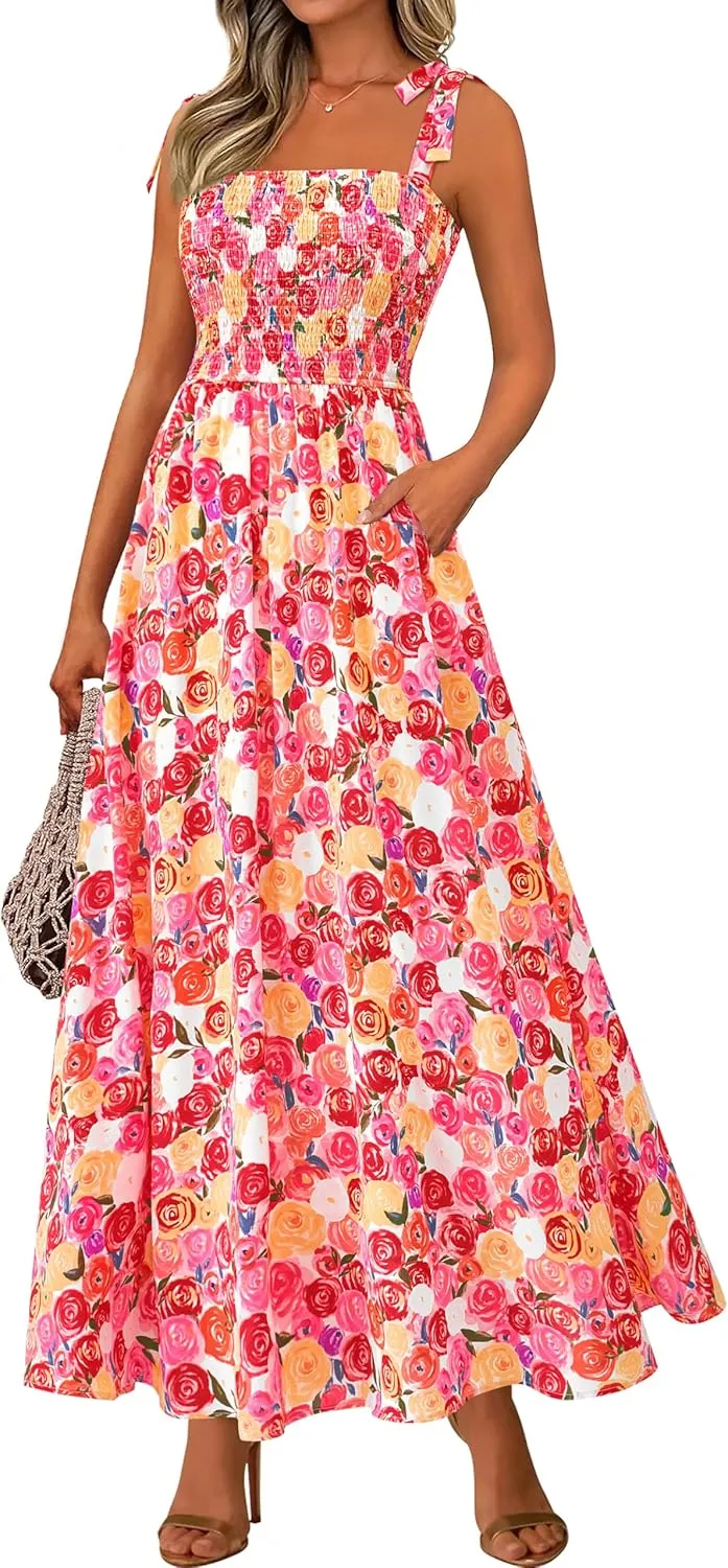 PRETTYGARDEN Womens Summer Dresses Floral Sleeveless Smocked Maxi Dress Boho Spaghetti Strap A Line Flowy Beach Long Sundress
